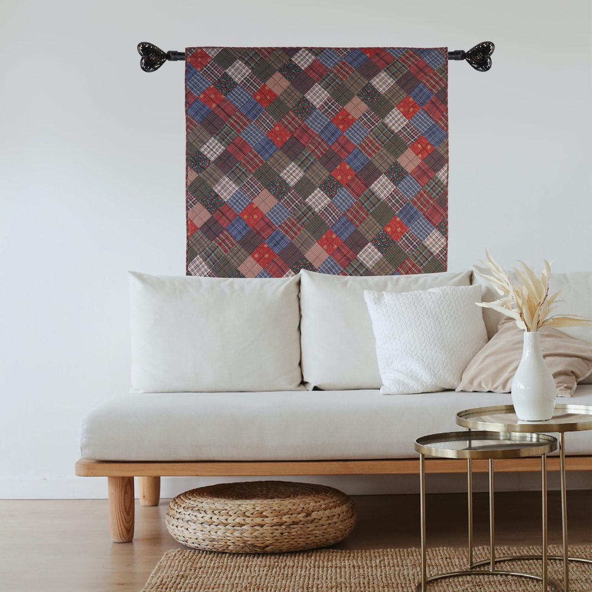 Hand made calico plaid Primitive Star 44"x44" country Cotton Hand Quilted patchwork Wall hanging & Toppers, baby quilt by HOME HEART Brands