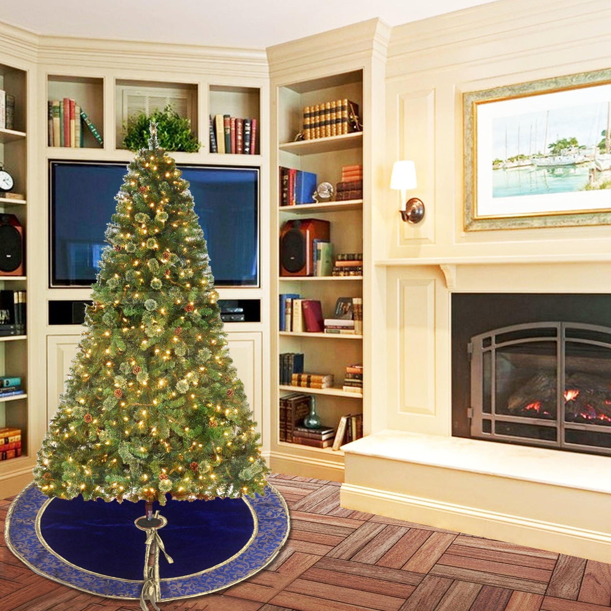 Christmas tree skirt classic micro imperial blue Velvet fabric with matching Brocade Fabric Border Thick Double Layer by HOME HEART Brands