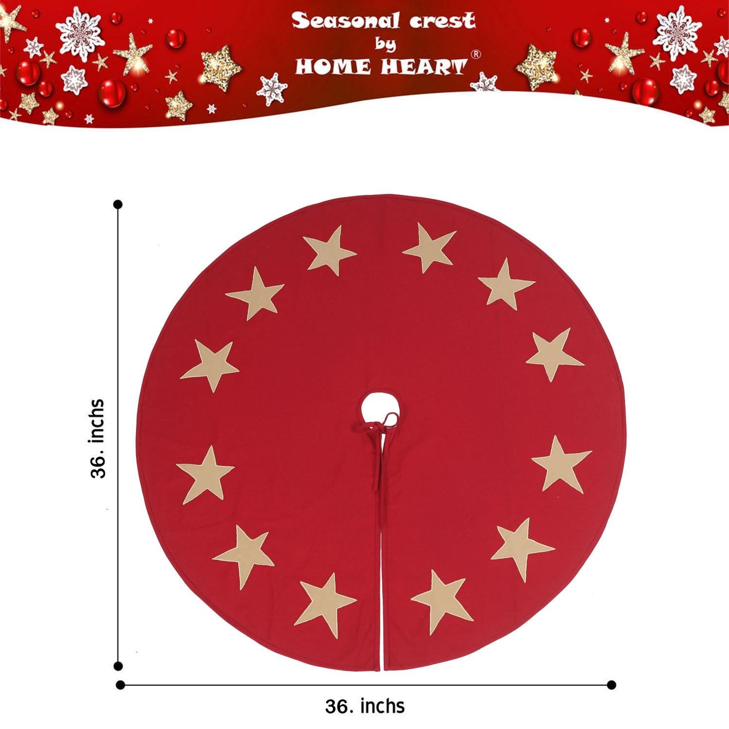 Christmas tree skirt Cotton Sturdy red Duck Fabric & beige Star Appliqued Embroidered by HOME HEART Brands