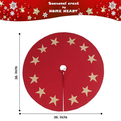 Christmas tree skirt Cotton Sturdy red Duck Fabric & beige Star Appliqued Embroidered by HOME HEART Brands
