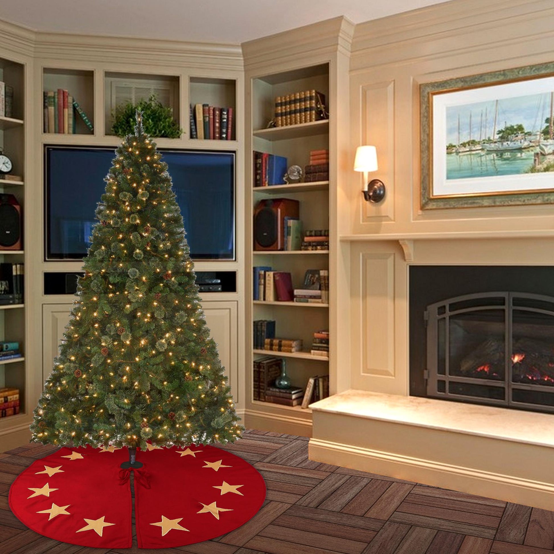 Christmas tree skirt Cotton Sturdy red Duck Fabric & beige Star Appliqued Embroidered by HOME HEART Brands