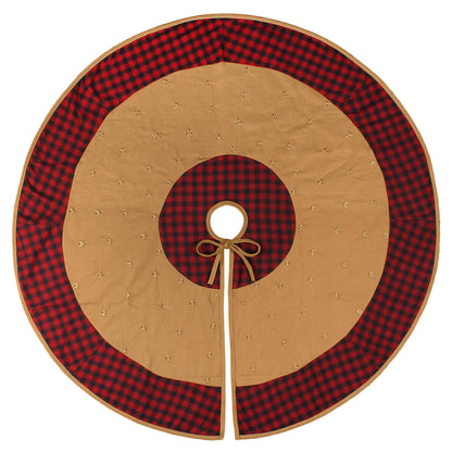 Christmas tree skirt Cotton Sturdy beige Duck Fabric & red black plaid border with star stitch jari hand Embroidered by HOME HEART Brands