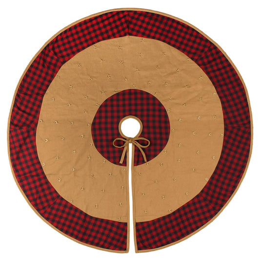 Christmas tree skirt Cotton Sturdy beige Duck Fabric & red black plaid border with star stitch jari hand Embroidered by HOME HEART Brands