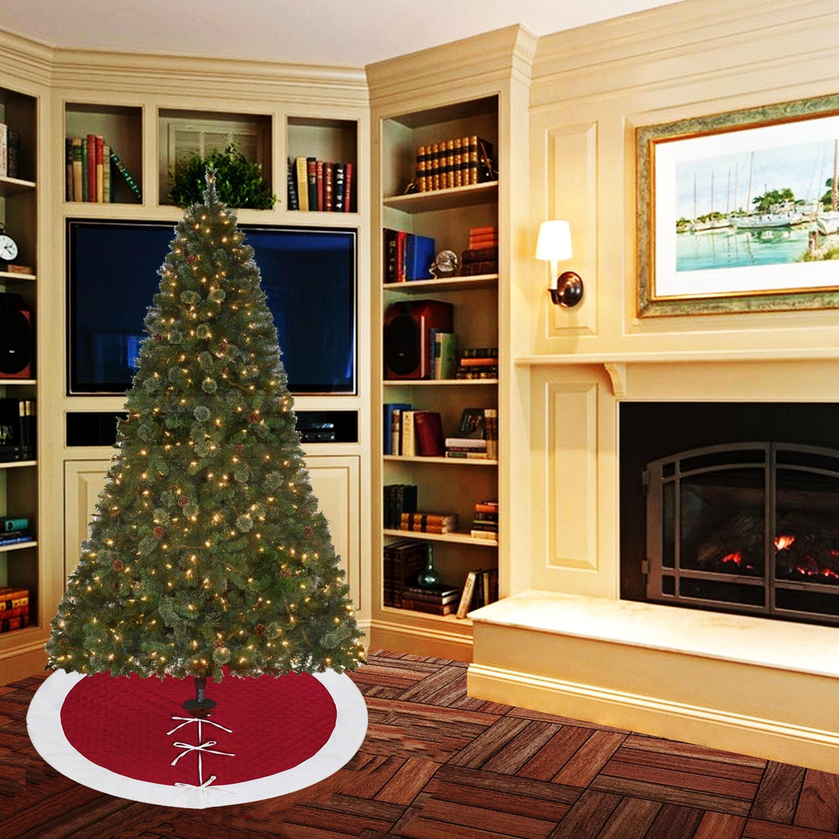 Christmas tree skirt red faux silk plush white border quilted Thick Double Layer tree skirt by HOME HEART Brands