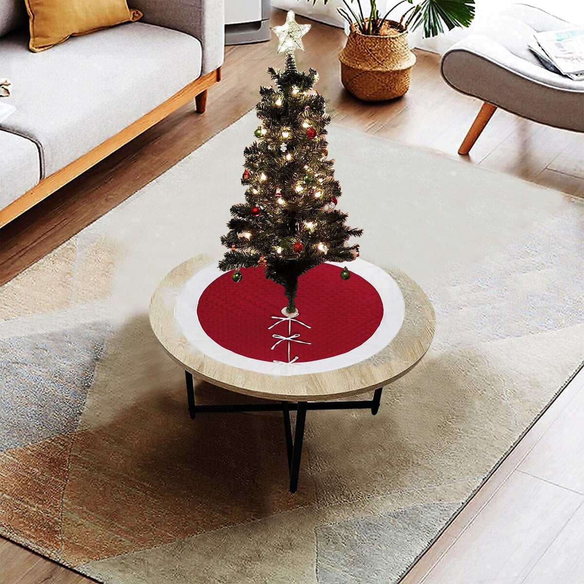 Christmas tree skirt red faux silk plush white border quilted Thick Double Layer tree skirt by HOME HEART Brands