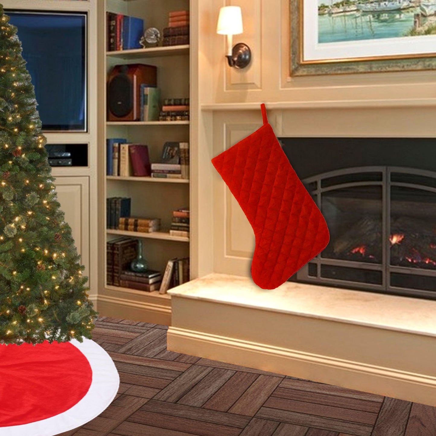 Christmas stocking hand made machine quilted Traditional red velvet thick(16 inc tall)Christmas stocking by HOME HEART Brands(Made in India)