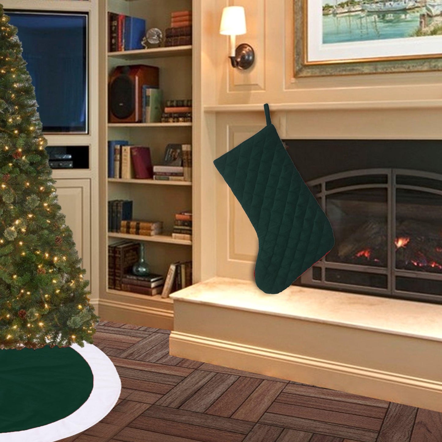 Christmas stocking hand made machine quilted bottle green velvet thick(16 inc tall) traditional stocking by HOME HEART Brands(Made in India)