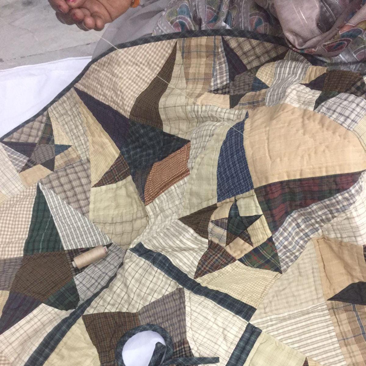 Christmas tree skirt 48 inch round hand made hand quilted patchwork primitive star plaid tree skirt Thick Double Layer by HOME HEART Brands