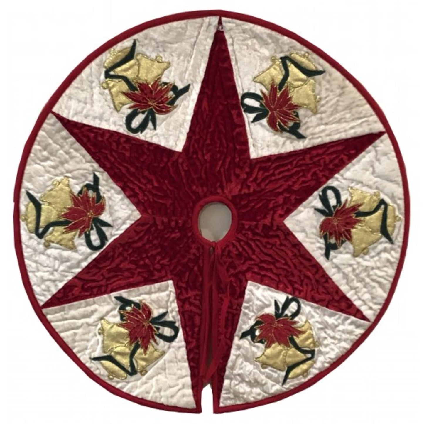 Christmas tree skirt  quilted velvet embroidered Christmas bell 46" round patchwork Thick Double Layer by HOME HEART Brands(Made in India)