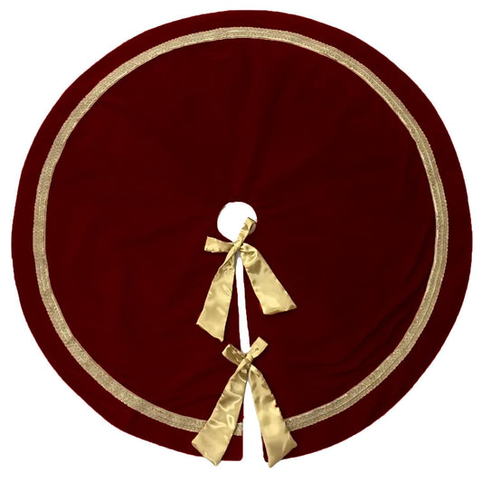 Christmas tree skirt hand crafted Luxurious maroon velvet & satin bow double Layer Heirloom Quality by HOME HEART Brands(Made in India)