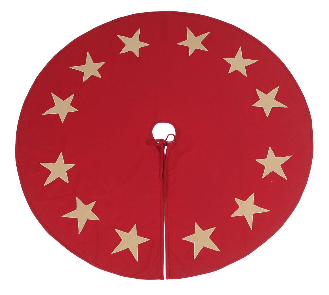 Christmas tree skirt Cotton Sturdy red Duck Fabric & beige Star Appliqued Embroidered by HOME HEART Brands