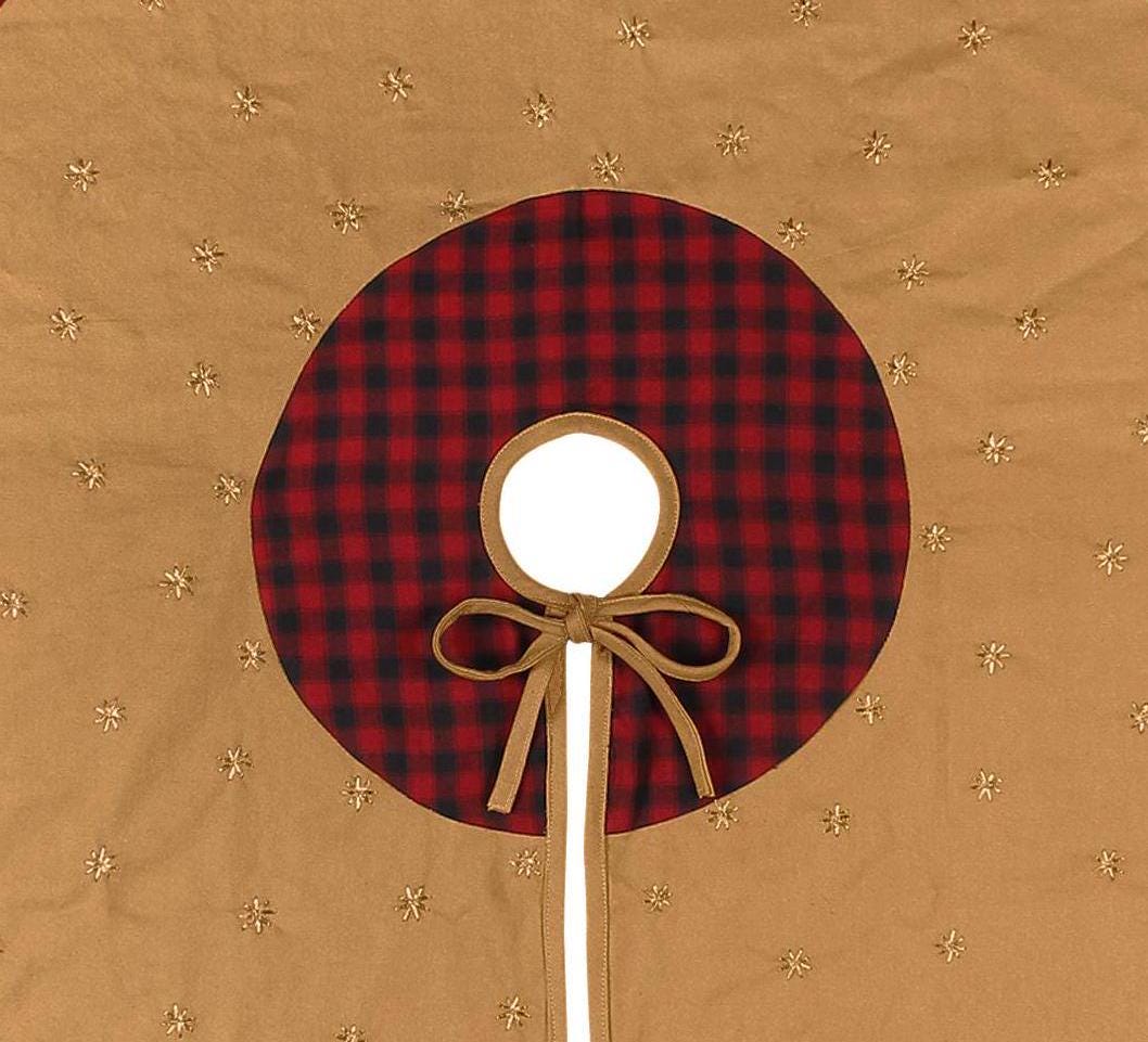 Christmas tree skirt Cotton Sturdy beige Duck Fabric & red black plaid border with star stitch jari hand Embroidered by HOME HEART Brands