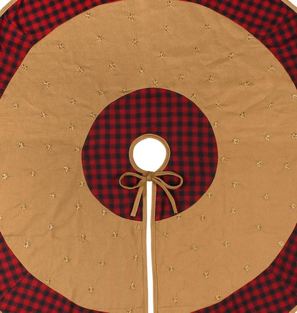 Christmas tree skirt Cotton Sturdy beige Duck Fabric & red black plaid border with star stitch jari hand Embroidered by HOME HEART Brands