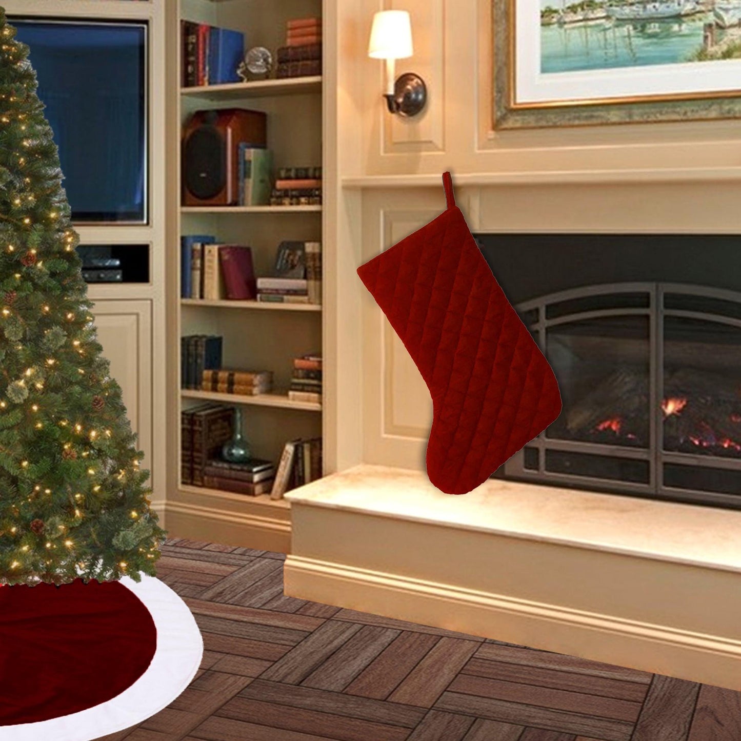 Christmas stocking hand made machine quilted burgundy velvet thick(16 inc tall) traditional stocking by HOME HEART Brands(Made in India)