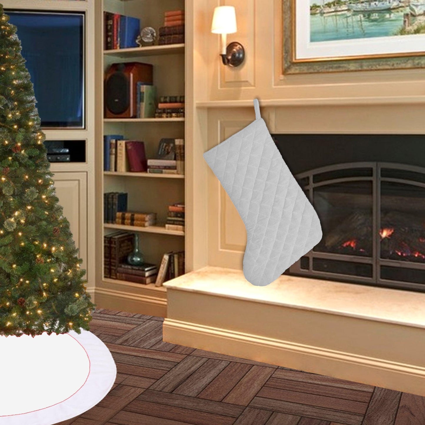 Christmas stocking hand made machine quilted off-white velvet thick(16 inc tall) traditional stocking by HOME HEART Brands(Made in India)