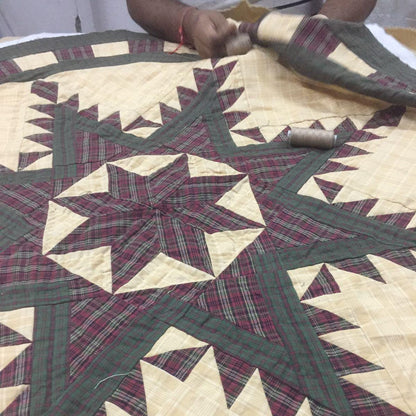 Christmas tree skirt hand made hand quilted Feathered Star plaid thick Double Layer Heirloom Quality by HOME HEART Brands( Made in India)