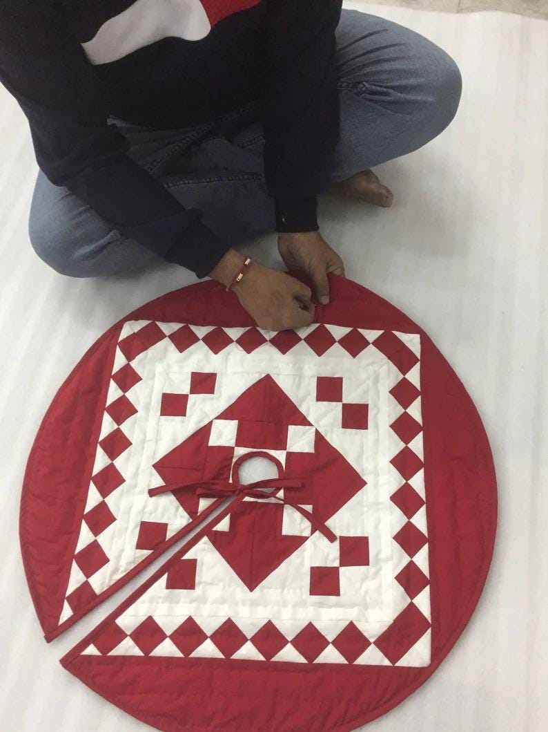 Christmas tree skirt hand made quilted patchwork Red Diamond calico Thick Double Layer Heirloom Quality by HOME HEART Brands(Made in India)