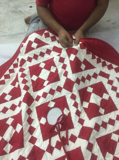 Christmas tree skirt hand made quilted patchwork Red Diamond calico Thick Double Layer Heirloom Quality by HOME HEART Brands(Made in India)