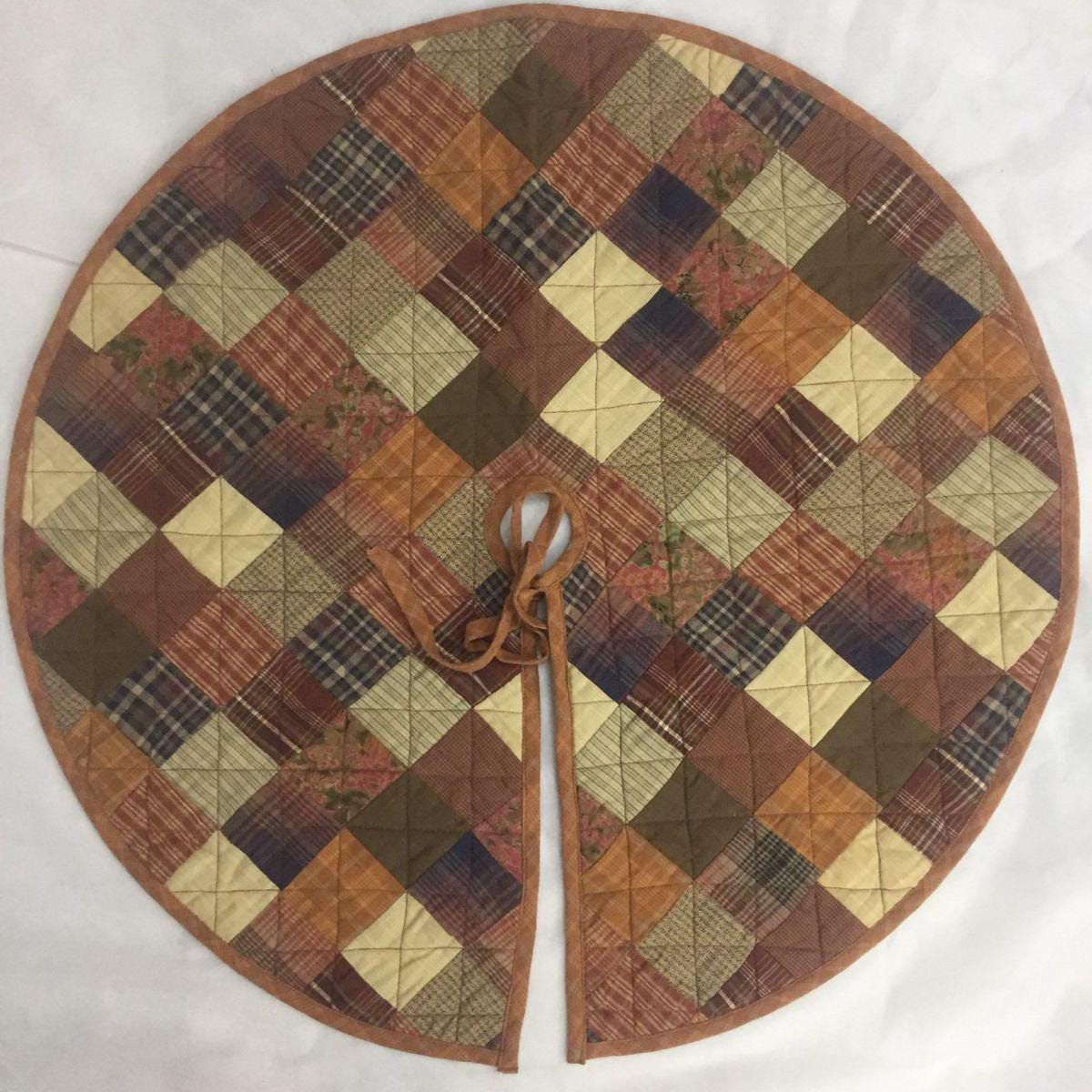 Christmas tree skirt Hand made hand quilted Autumn mix plaid & print patchwork Country primitive Thick décor tree skirt by HOME HEART Brands