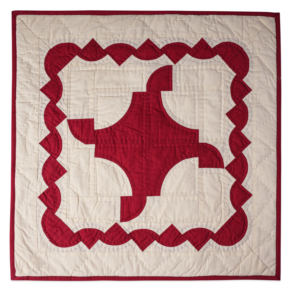 Handmade Red Diamond Quilted Table Topper: 20" Cotton Throw Quilt
