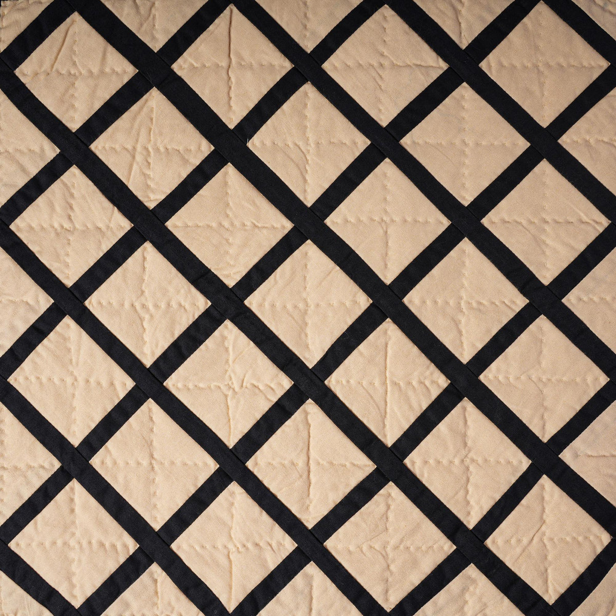 Hand made Hand quilted Throw Quilt, Table Topper Fishing net beige & black patchwork quilt by Home Heart brands (Made in India)