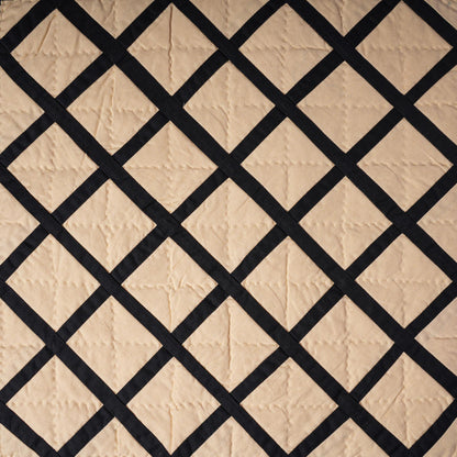 Hand made Hand quilted Throw Quilt, Table Topper Fishing net beige & black patchwork quilt by Home Heart brands (Made in India)