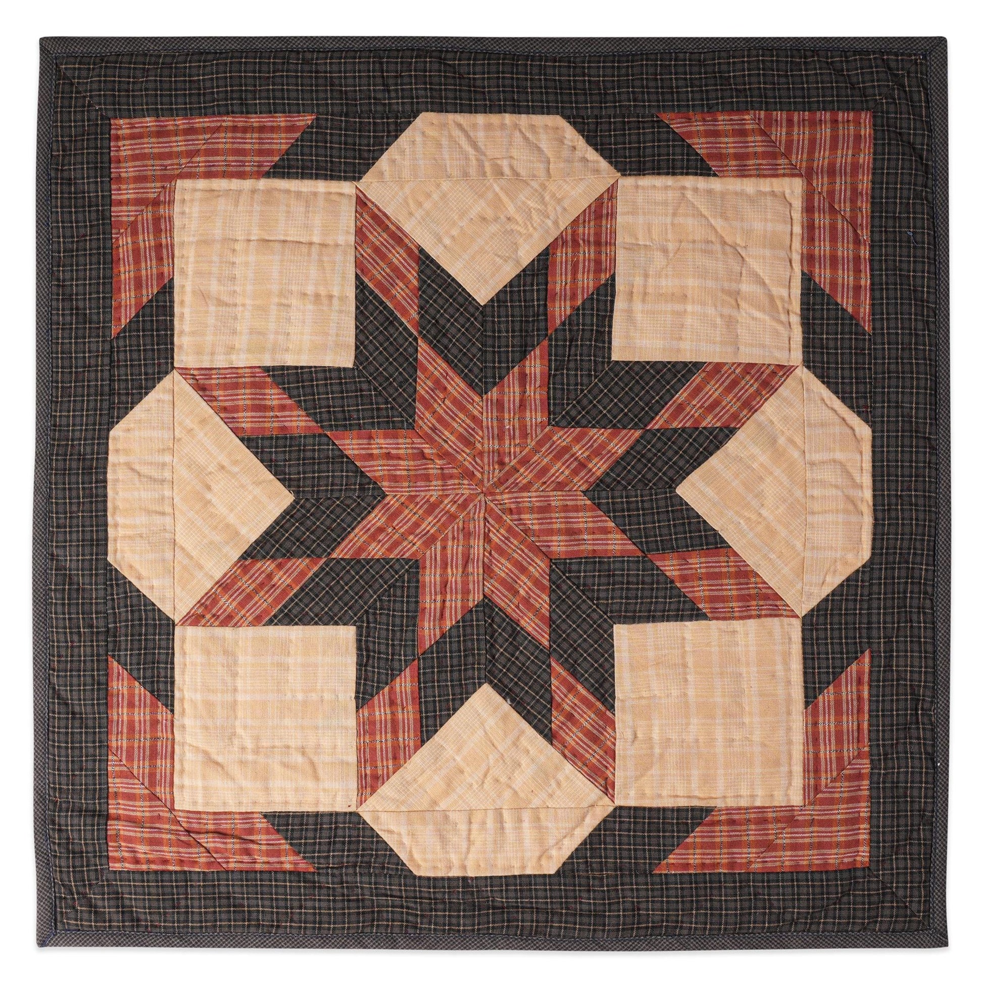 Hand made Hand quilted Throw Quilt, Table Topper 20"x20" Lone star red black plaid quilt by Home Heart brands (Made in India)