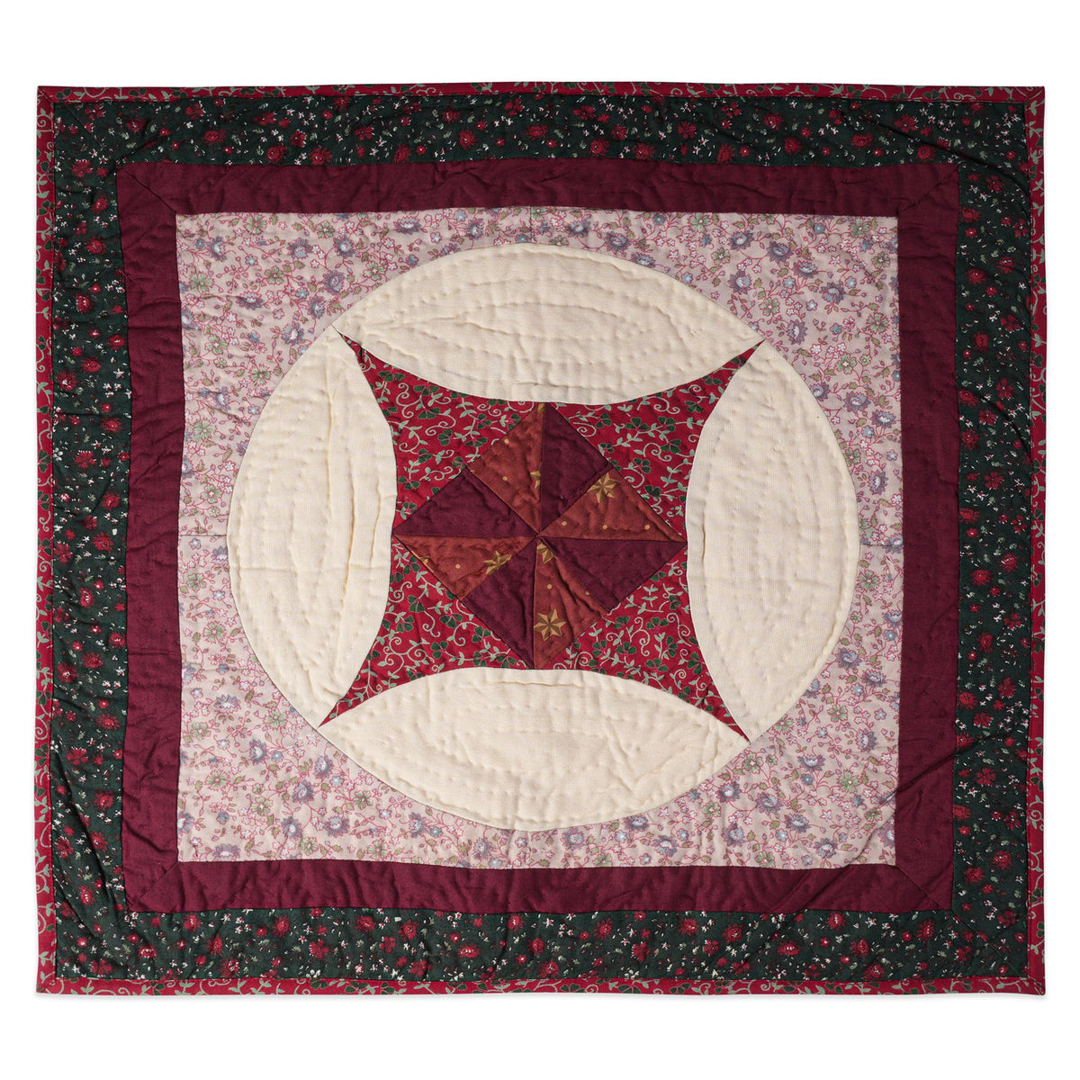 Hand made Hand quilted Throw Quilt, Table Topper 20"x20" Pinwheel red green calico quilt by Home Heart brands (Made in India)