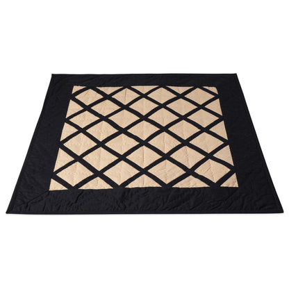 Hand made Hand quilted Throw Quilt, Table Topper Fishing net beige & black patchwork quilt by Home Heart brands (Made in India)