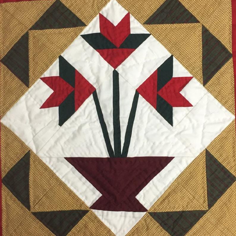 Flower basket Tulip quilt Hand made Hand quilted block quilt 19"x19"calico cotton Heirloom Quality by Home Heart brands (Made in India)