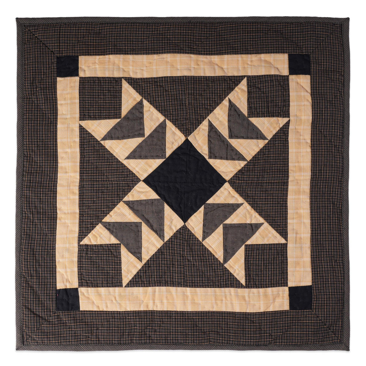 Hand made Hand quilted Wall hanging Quilt,Table Topper 19"x19" Primitive flying geese Black beige plaid by Home Heart brands (Made in India)
