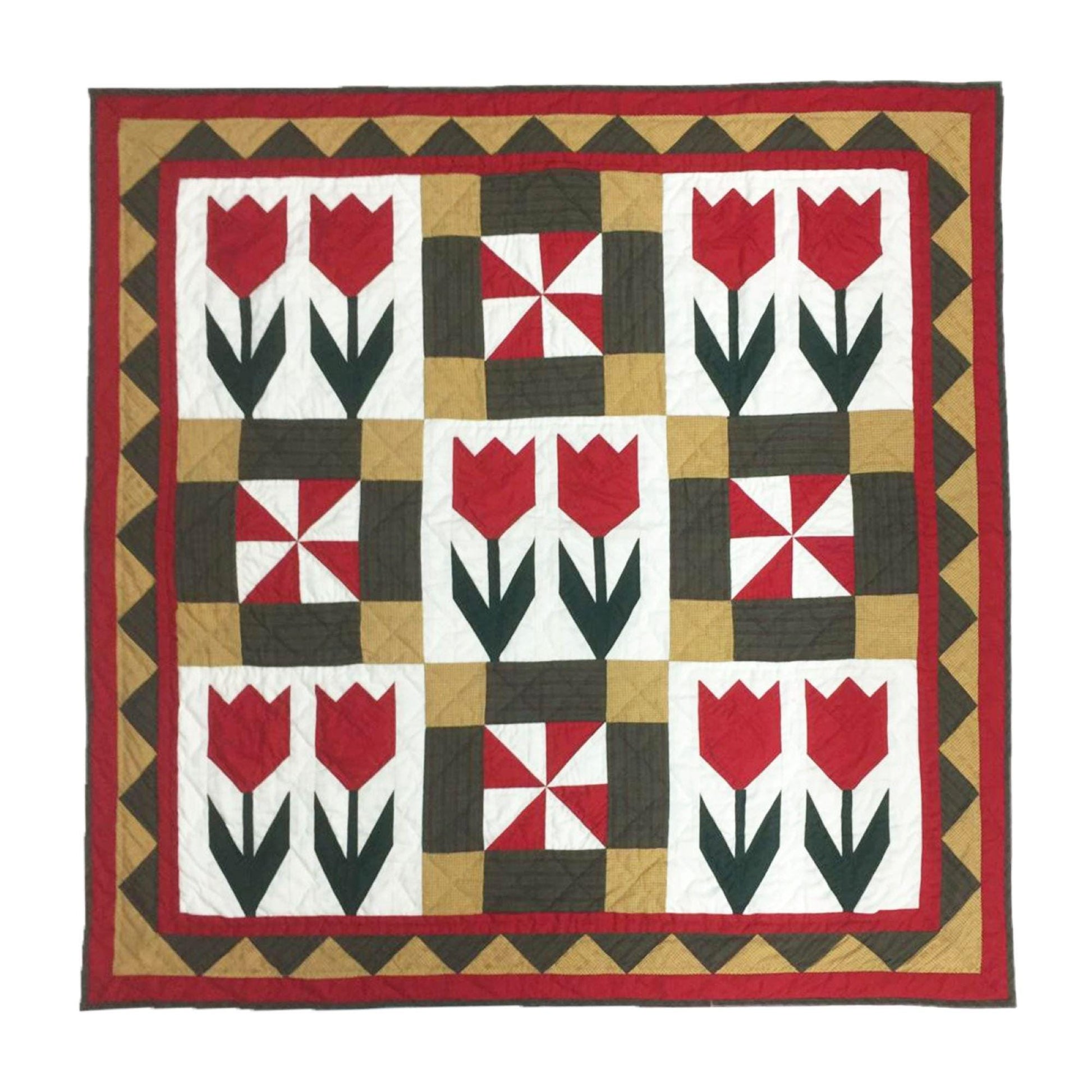 TULIP Hand made Hand quilted Wall hanging, Throw Quilt, small quilt, Table Topper calico cotton fabric by Home Heart brands (Made in India)