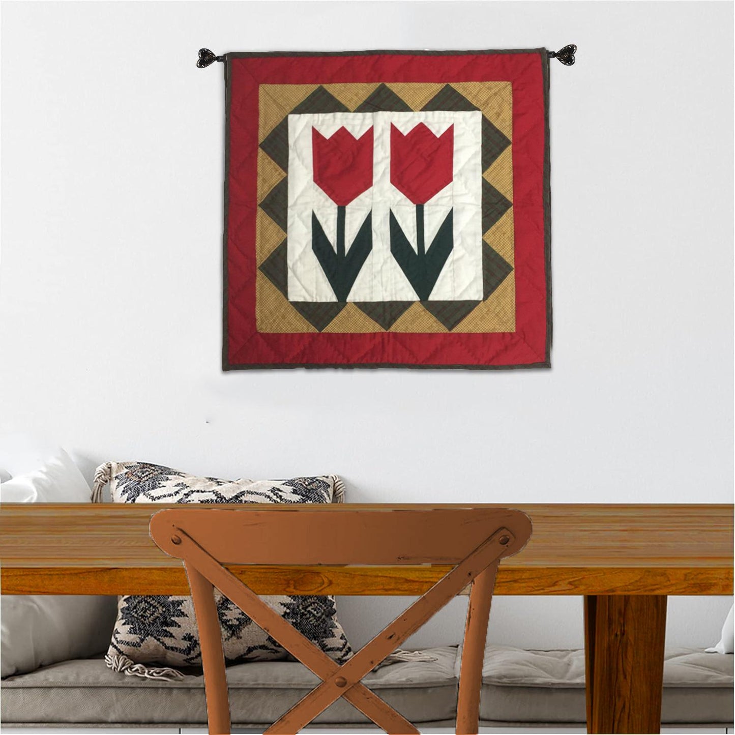 TULIP Hand made Hand quilted Wall hanging, Throw Quilt, small quilt, Table Topper calico cotton fabric by Home Heart brands (Made in India)