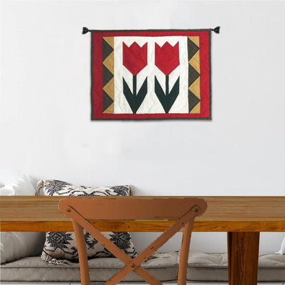 TULIP Hand made Hand quilted Wall hanging, Throw Quilt, small quilt, Table Topper calico cotton fabric by Home Heart brands (Made in India)