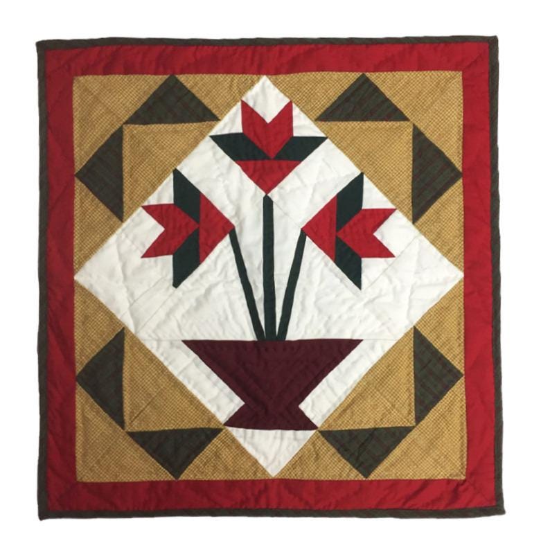 Flower basket Tulip quilt Hand made Hand quilted block quilt 19"x19"calico cotton Heirloom Quality by Home Heart brands (Made in India)