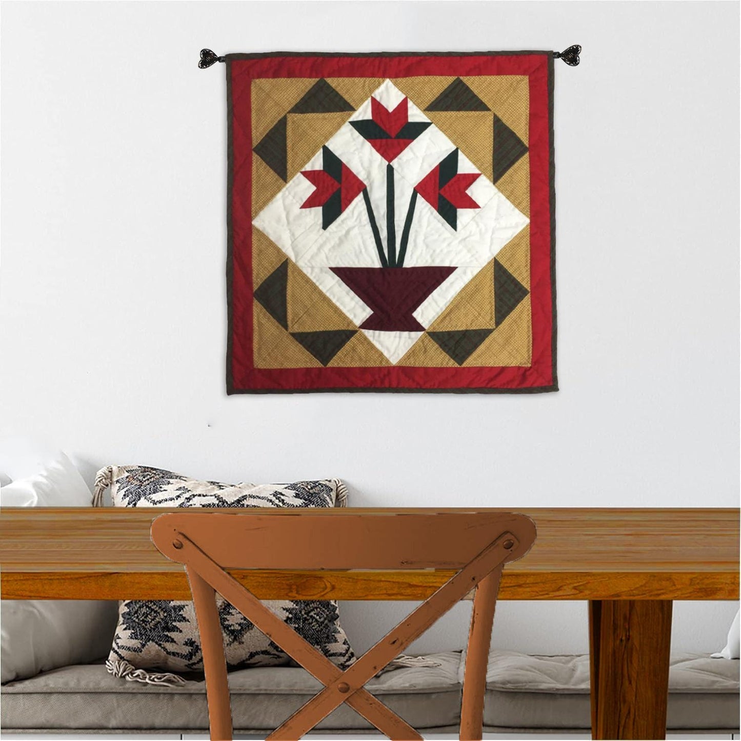 Flower basket Tulip quilt Hand made Hand quilted block quilt 19"x19"calico cotton Heirloom Quality by Home Heart brands (Made in India)