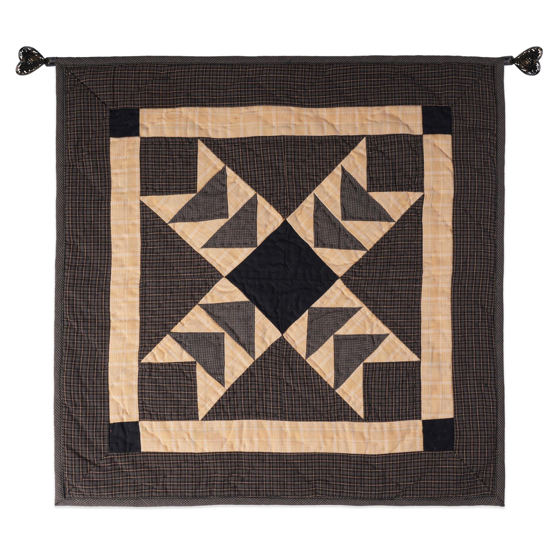 Hand made Hand quilted Wall hanging Quilt,Table Topper 19"x19" Primitive flying geese Black beige plaid by Home Heart brands (Made in India)