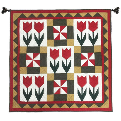 TULIP Hand made Hand quilted Wall hanging, Throw Quilt, small quilt, Table Topper calico cotton fabric by Home Heart brands (Made in India)