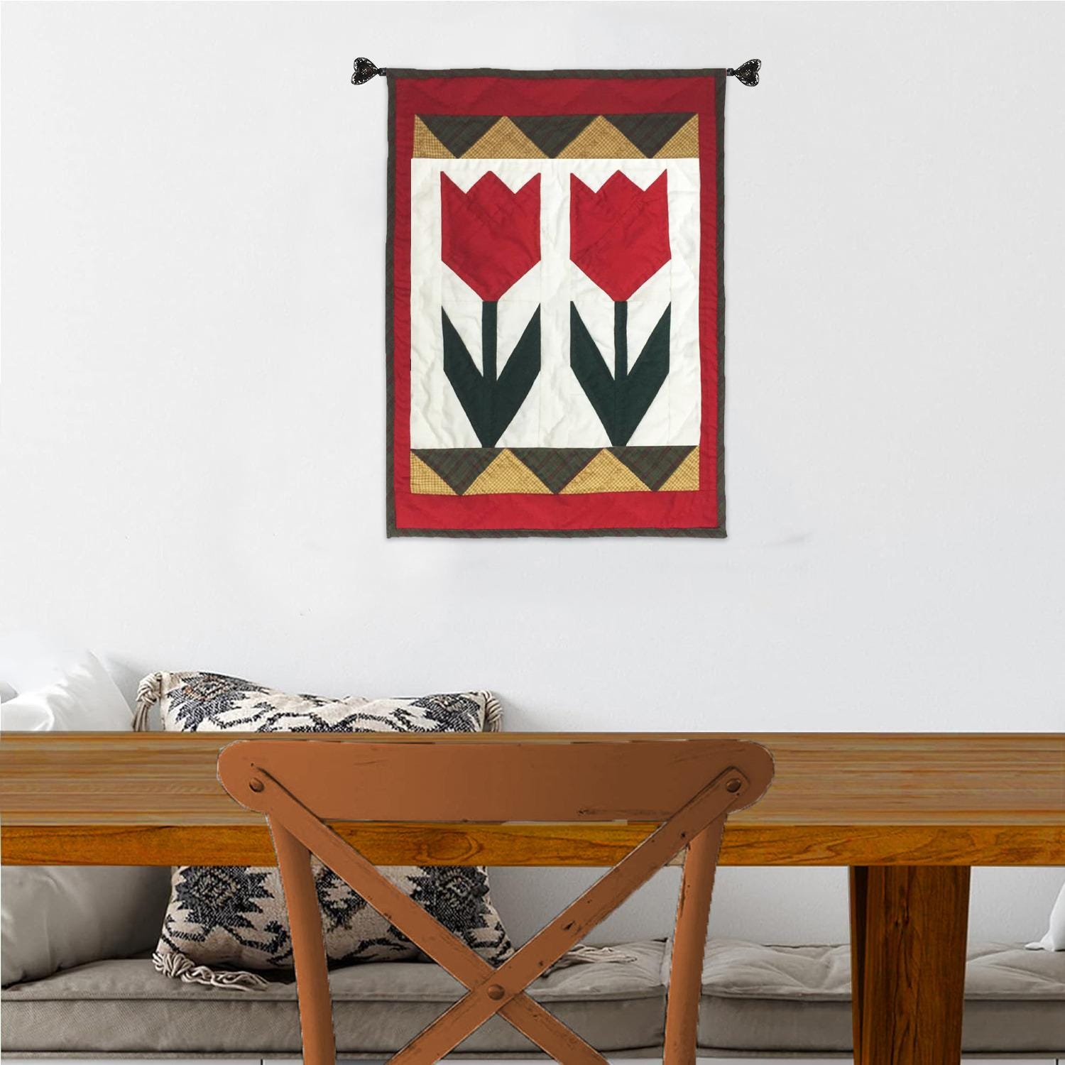 TULIP Hand made Hand quilted Wall hanging, Throw Quilt, small quilt, Table Topper calico cotton fabric by Home Heart brands (Made in India)