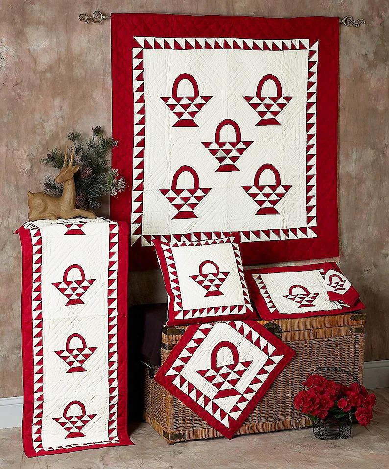 Wall hanging quilt, Small quilt, Throws, Table Toppers quilt, Baby Quilt, Basket Cranberry Red/Off-White Cotton fabric by HOME HEART Brands