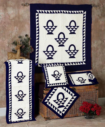 Wall hanging quilt, Small quilt, Throws, Table Toppers , Baby Quilt, calico Basket Navy blue /Off White Cotton fabric by HOME HEART Brands