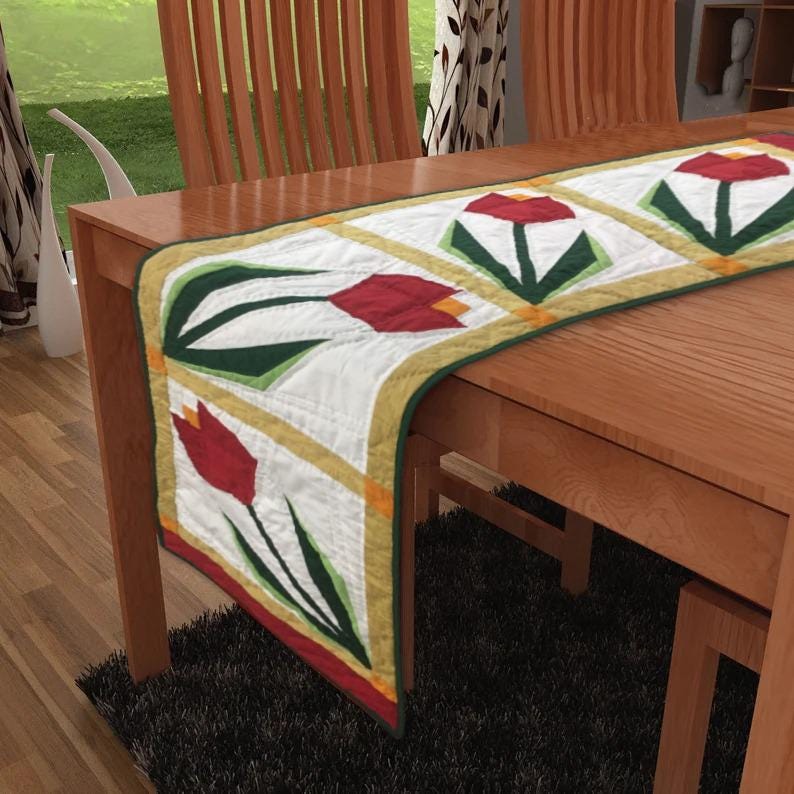 Tulip Flower hand made, hand quilted table runner, throw, patchwork Table Toppers Calico cotton fabric by HOME HEART Brands(made in INDIA)