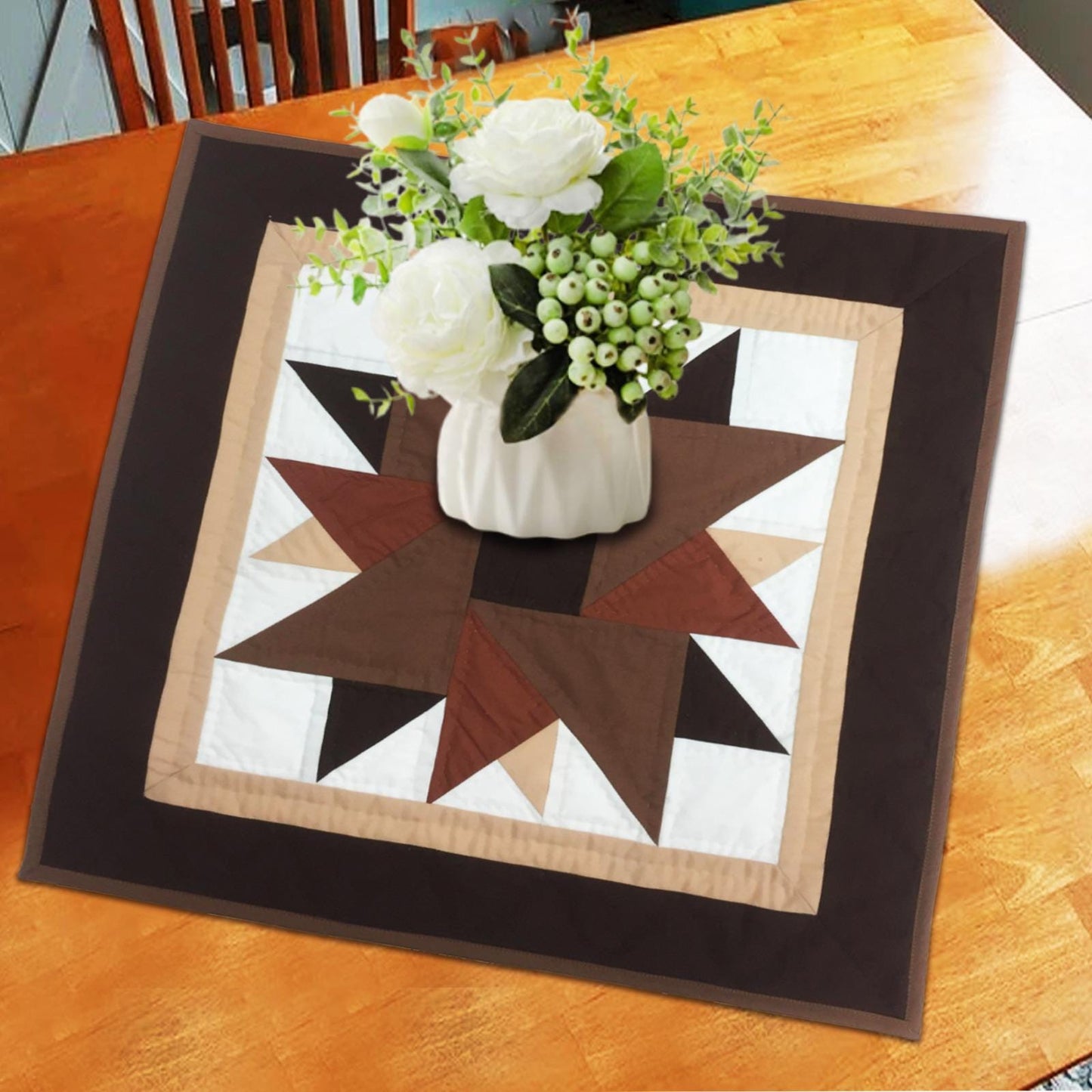 Barn star quilted 19"X19" hand crafted block square quilt, small quilt, Table Topper calico fabric by Home Heart brands (Made in India)