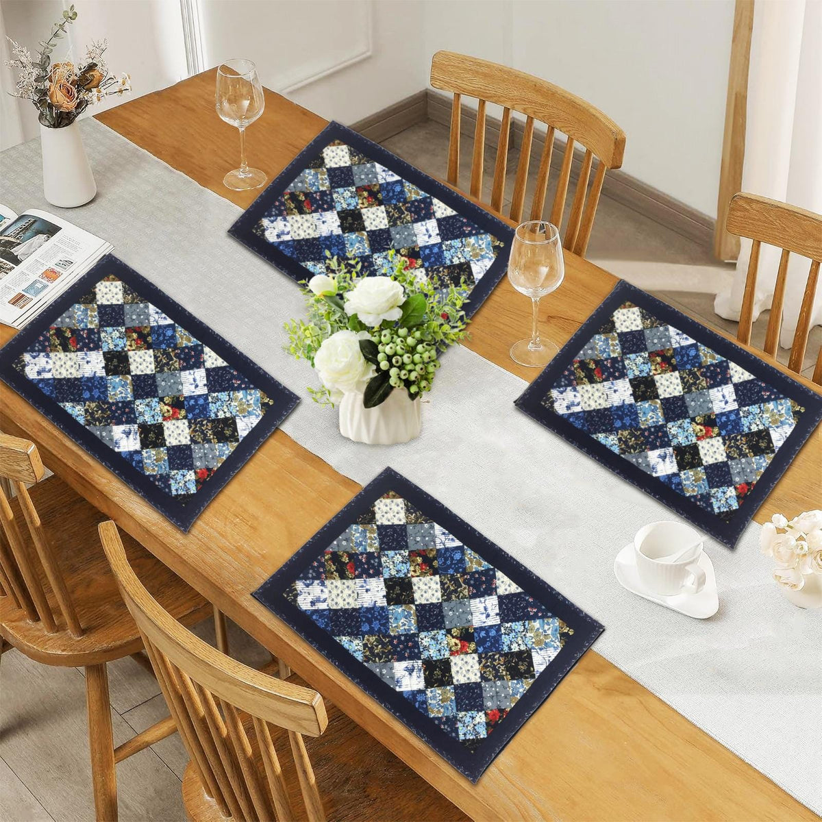quilted placemats tablemats patchwork Flower Garden, Blue white Calico multi floral print 14"X19" by HOME HEART Brands (Made in India)