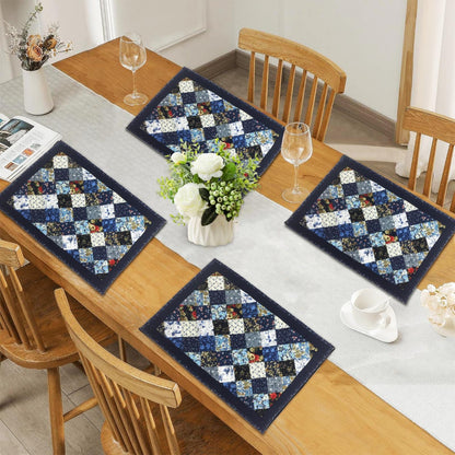 quilted placemats tablemats patchwork Flower Garden, Blue white Calico multi floral print 14"X19" by HOME HEART Brands (Made in India)