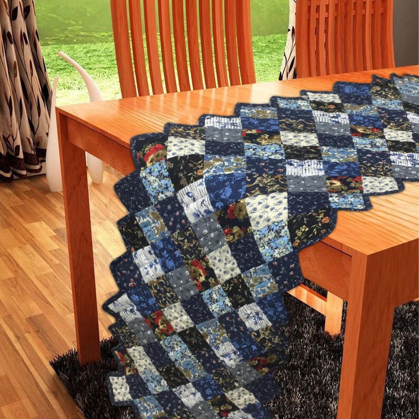 Table runner quilted patchwork zig zag Table Runner & table Toppers Calico cotton blue mix floral fabric by HOME HEART Brands(made in INDIA)