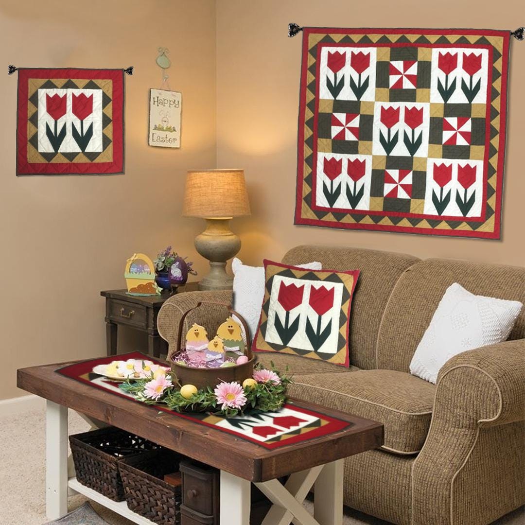 Hand mad hand Quilted TULIP patchwork pillow cover, cushion cover, throw pillow Calico red offwhite by HOME HEART Brands(made in India)