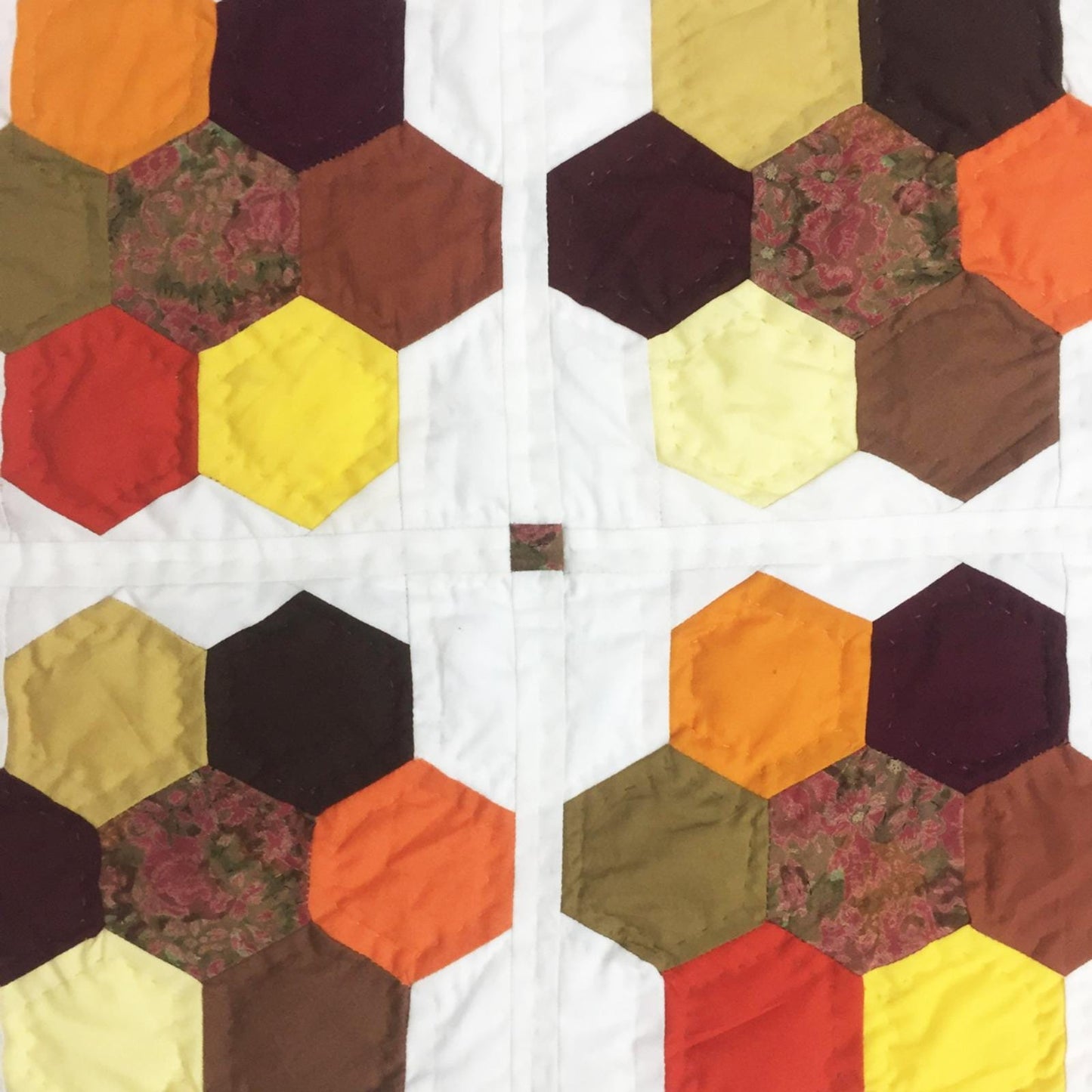 Grandmother's flower garden 19"X19" Hand crafted block quilt, small quilt, Table Topper calico fabric by Home Heart brands (Made in India)