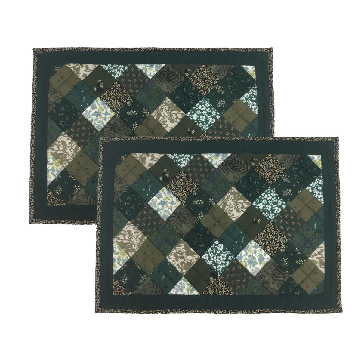 quilted placemats tablemats patchwork Flower Garden, Green white Calico multi floral print 14"X19" by HOME HEART Brands (Made in India)