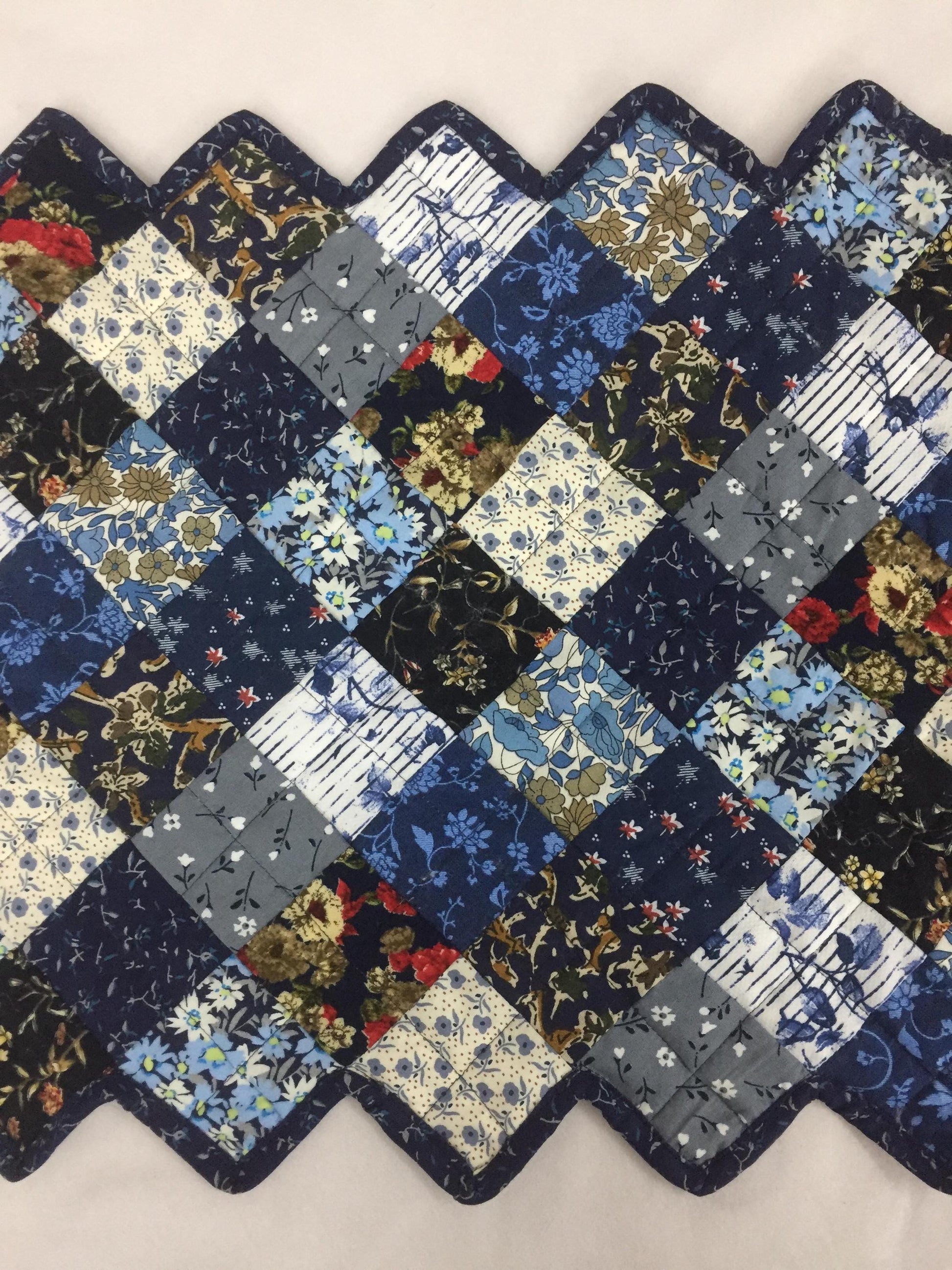 Table runner quilted patchwork zig zag Table Runner & table Toppers Calico cotton blue mix floral fabric by HOME HEART Brands(made in INDIA)